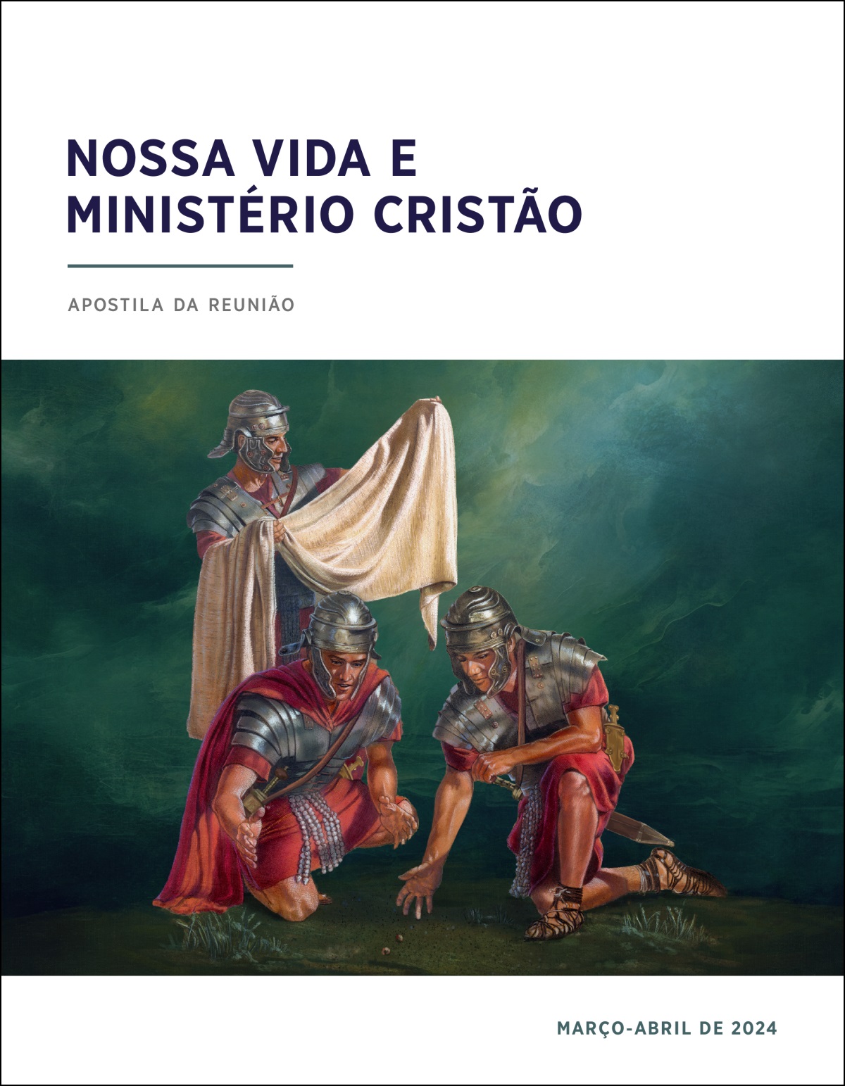 Um soldado romano verifica as roupas de Jesus enquanto dois outros soldados lançam sortes para ver quem fica com elas.