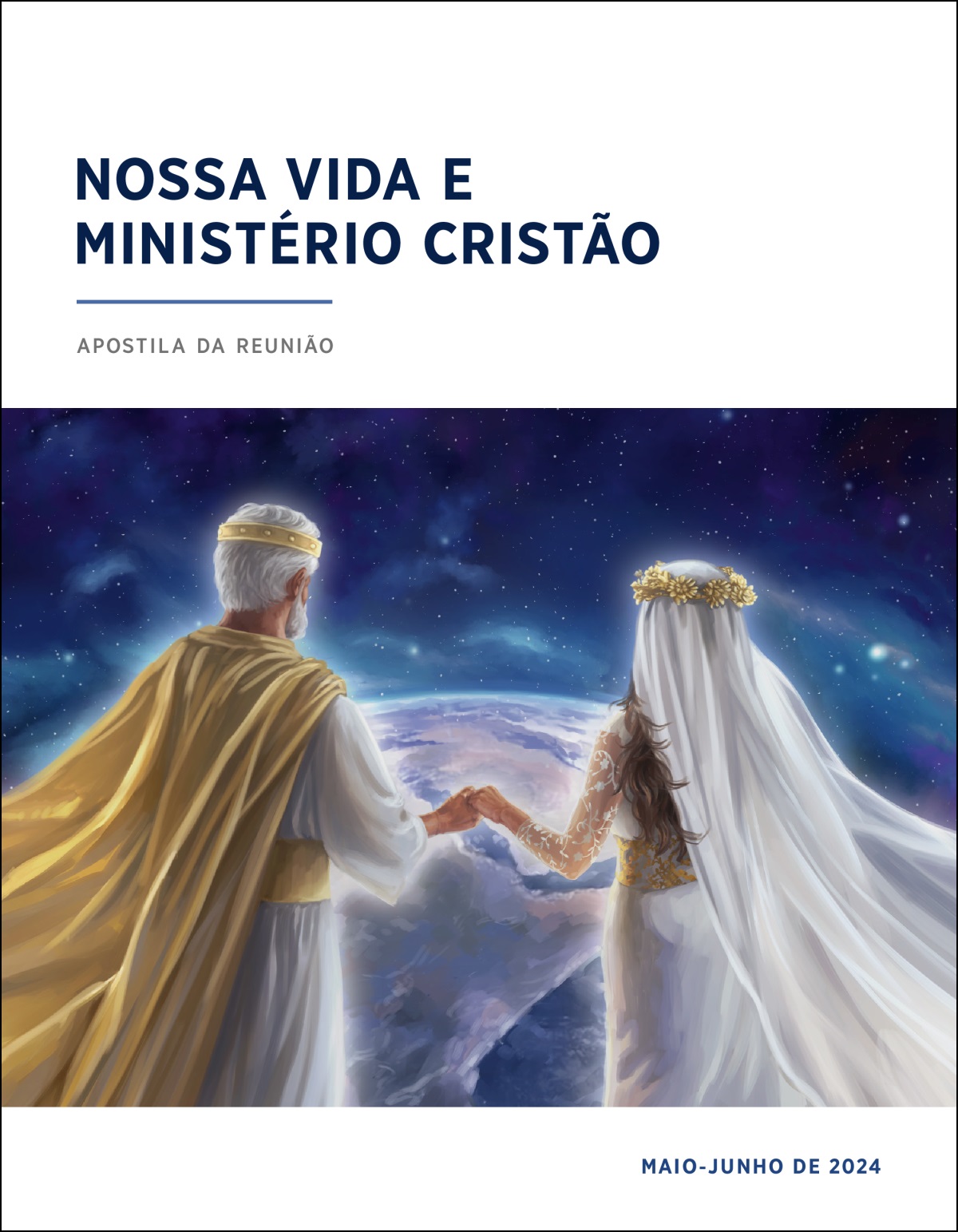 Jesus e sua noiva simbólica no céu segurando as mãos um do outro com a Terra à sua vista.