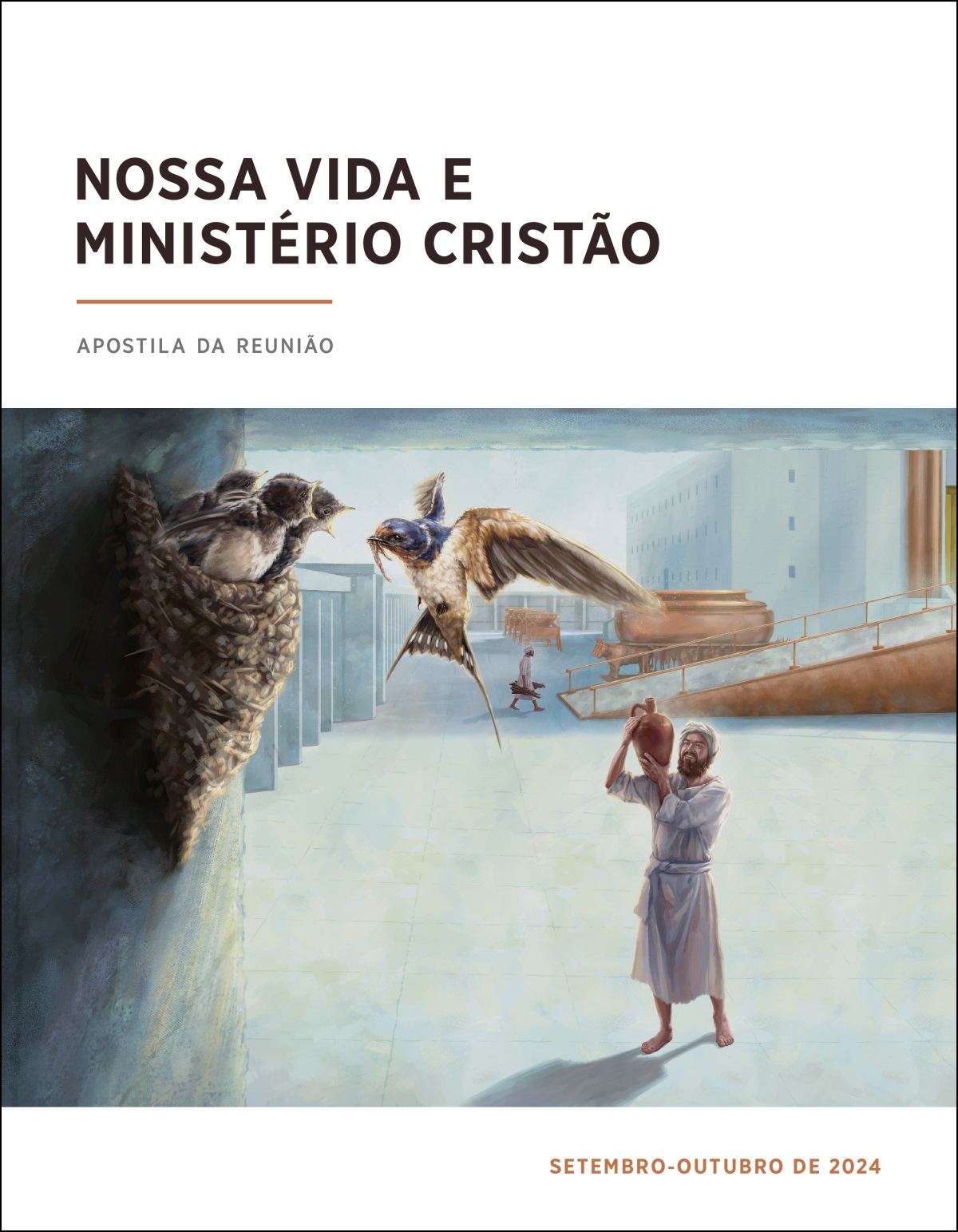 Um dos filhos de Corá fica olhando para um ninho de andorinha no pátio do templo.