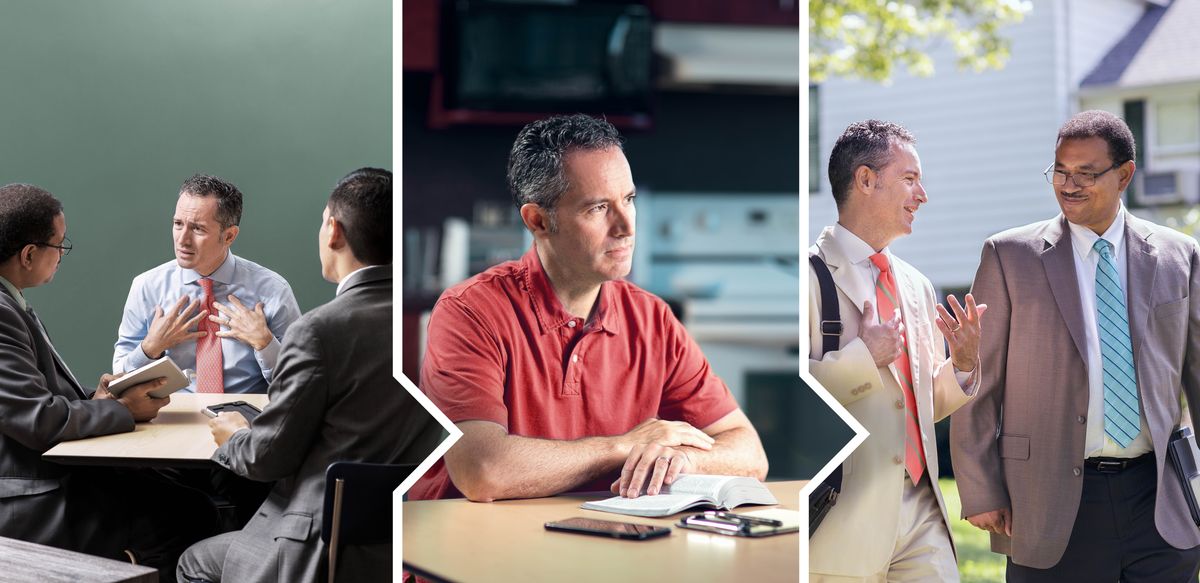 Conjunto de imagens: Um irmão recebe um conselho amoroso e começa a ser moldado por ele. 1. Ele acha difícil aceitar o conselho de dois anciãos. 2. Ele lê a Bíblia e medita. 3. Ele está feliz no campo e está com um dos anciãos que o aconselhou.