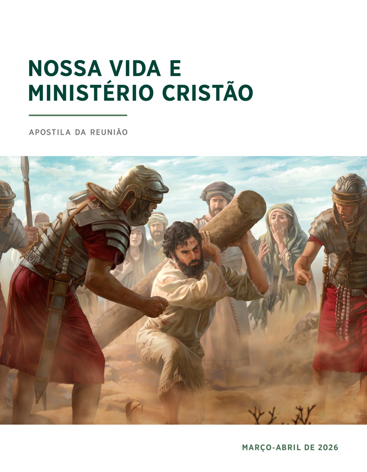 Jesus carrega com dificuldade sua estaca de tortura enquanto soldados romanos gritam com ele. Um grupo de judeus observa com aflição.