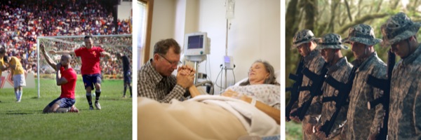 Pessoas orando: Um jogador de futebol depois de marcar um gol, um marido com sua esposa doente no hospital, soldados em tempos de guerra