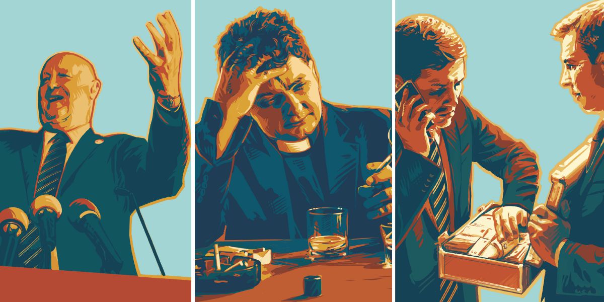 Político proferindo um discurso, sacerdote bebendo e fumando, e dois homens de negócios roubando dinheiro
