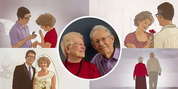 1. Um casal feliz de idosos; 2. O mesmo casal no dia de seu noivado, em seu casamento, num momento especial e caminhando juntos já idosos