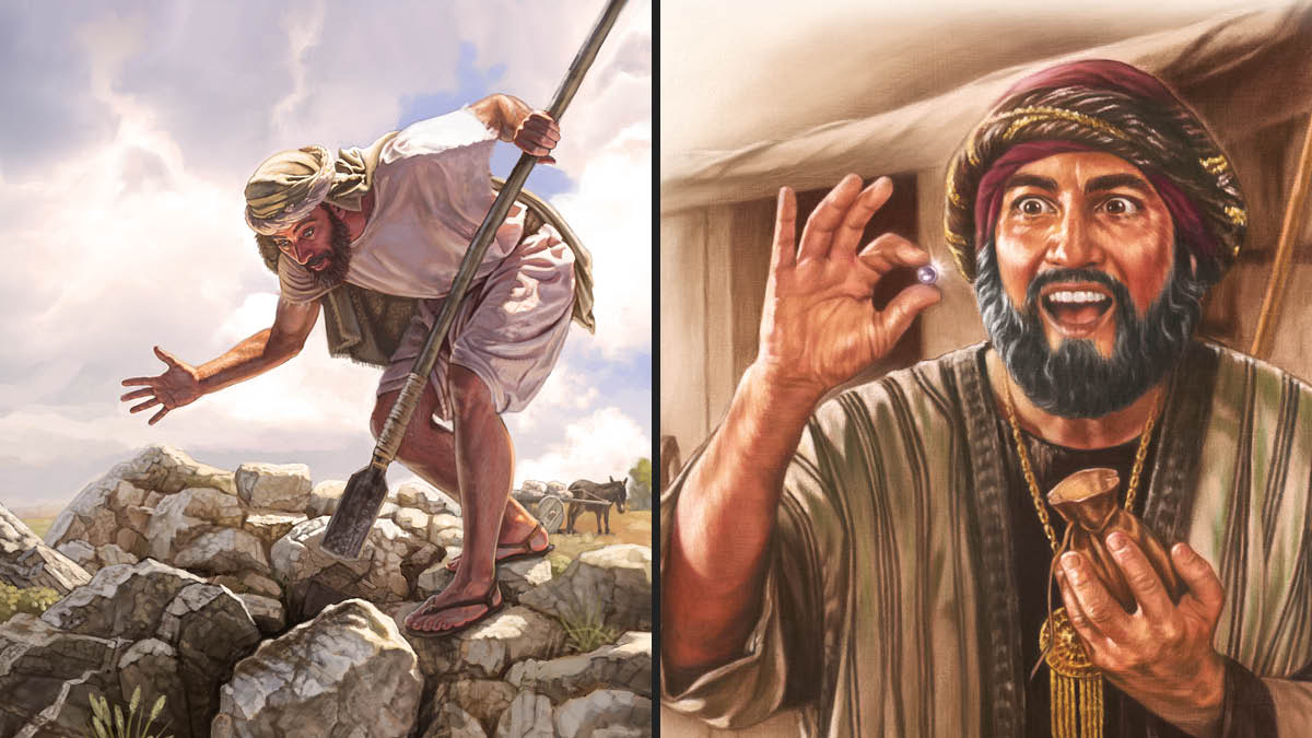 Imágenes de los dos hombres de los ejemplos de Jesús. 1. Un hombre cava en un campo y mira con sorpresa lo que encuentra. 2. Otro hombre sujeta una perla y sonríe.