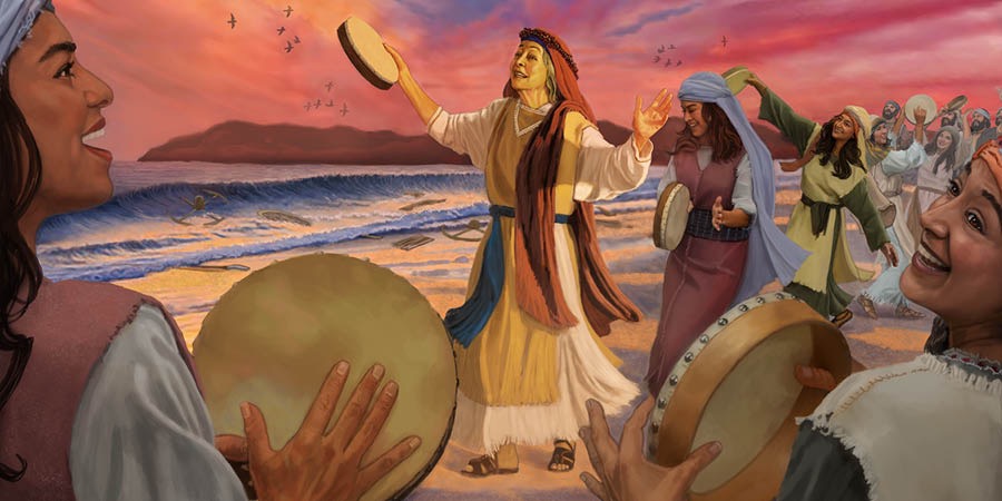 Míriam con las mujeres de Israel tocando la pandereta y cantando una canción de victoria junto al mar Rojo.