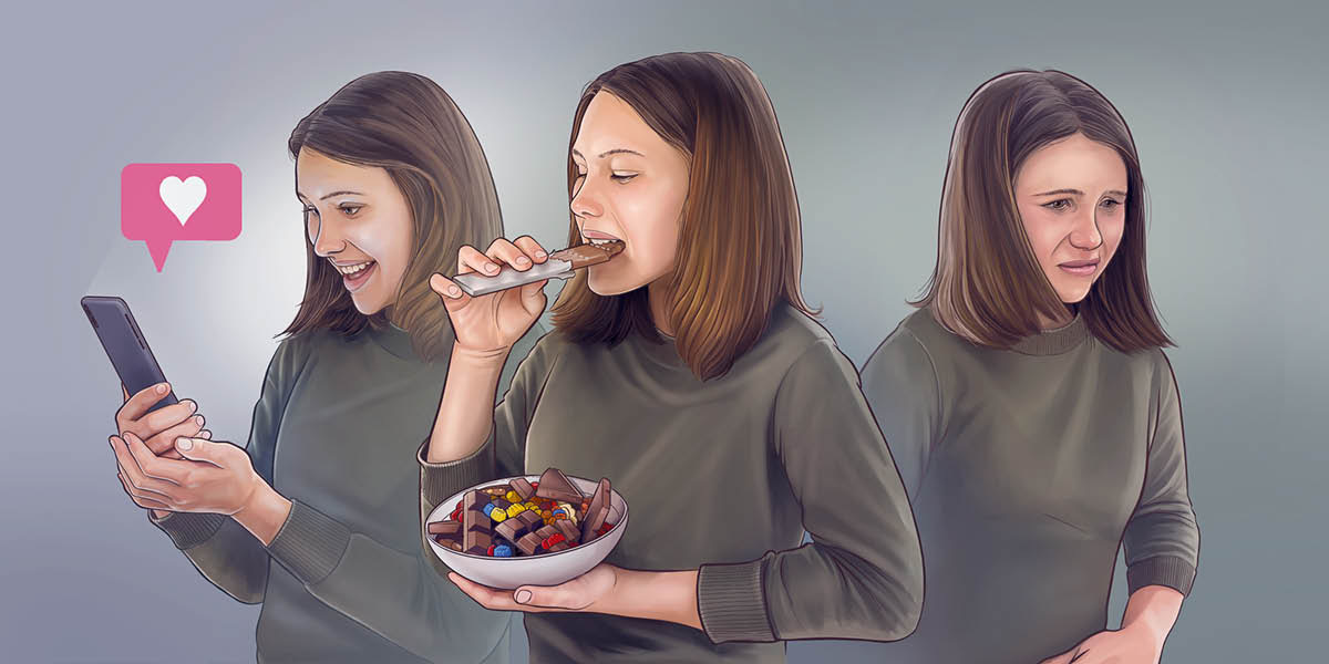 Serie de imágenes: 1. Una adolescente sonriendo al ver cuántos “me gusta” recibió en una red social. 2. La misma chica comiendo chocolate de un plato lleno de dulces. 3. La chica poniéndose la mano en el estómago porque no se siente bien.