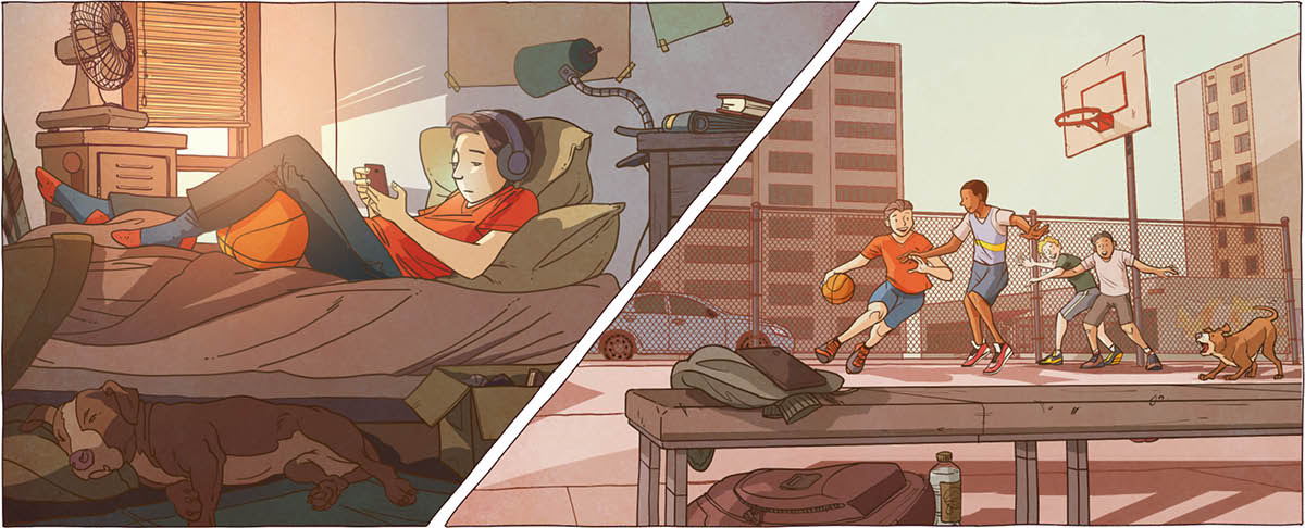 Comparación de dos imágenes de un adolescente a mediodía. 1. Está tumbado en la cama, con los auriculares puestos y con los ojos pegados al celular. 2. Pasa un buen rato afuera jugando básquetbol.