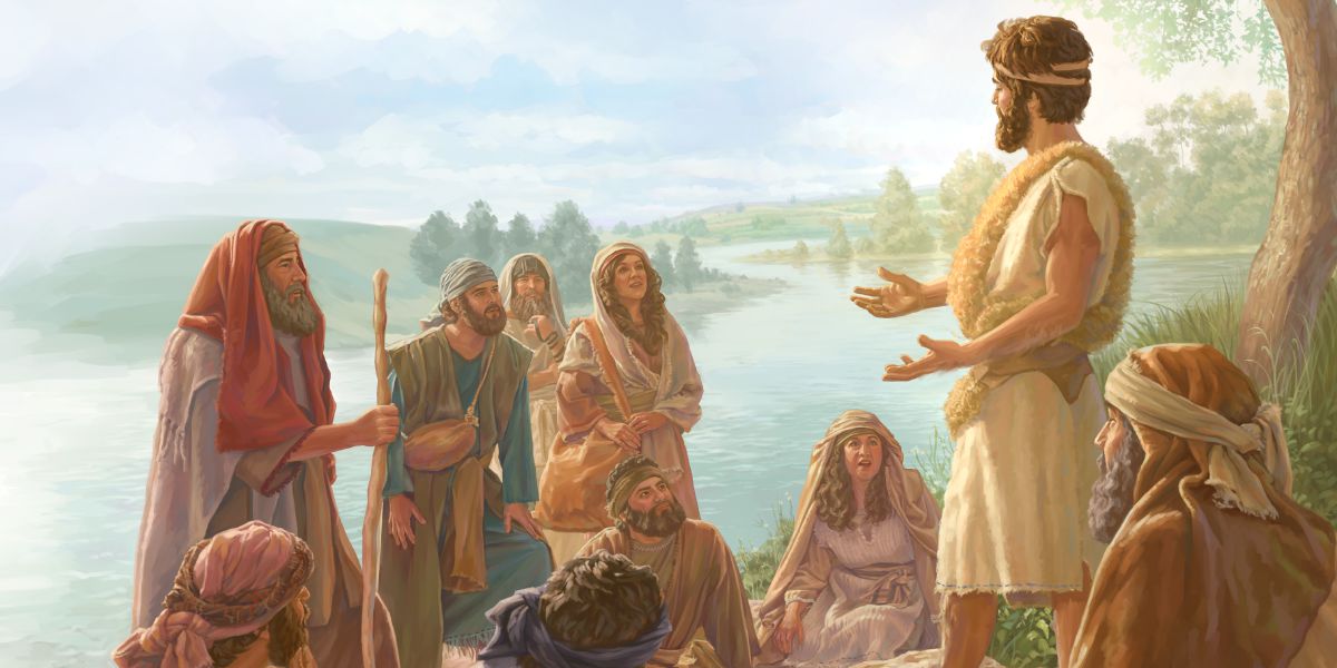 Juan el Bautista enseñando a la gente en la orilla del río Jordán
