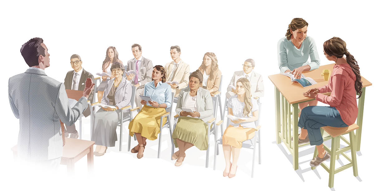 Serie de imágenes: 1. Una estudiante en una reunión de los testigos de Jehová. 2. La misma estudiante predicándole a una conocida.