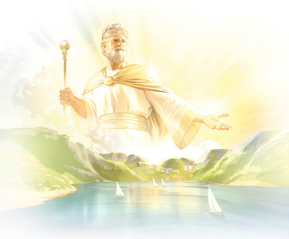 Jesús en su puesto de Rey celestial gobernando la Tierra hecha un paraíso.