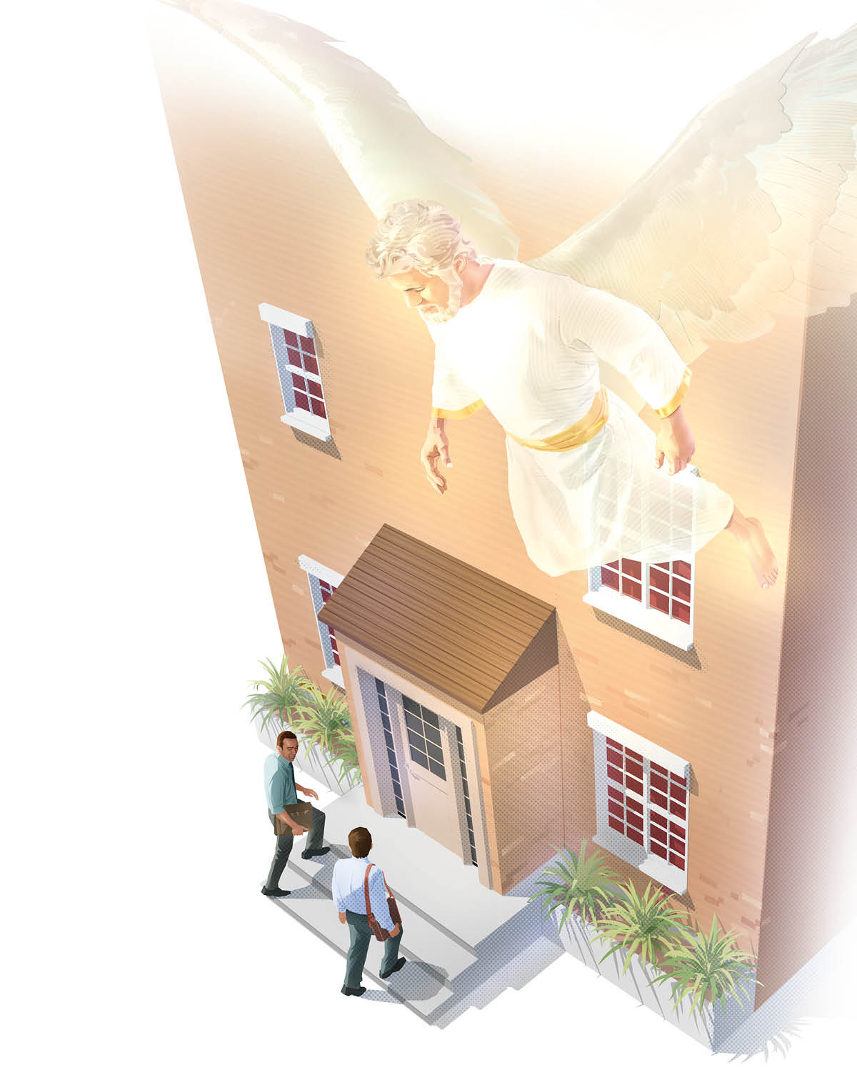 Un ángel guiando a dos testigos de Jehová que van predicando de casa en casa.