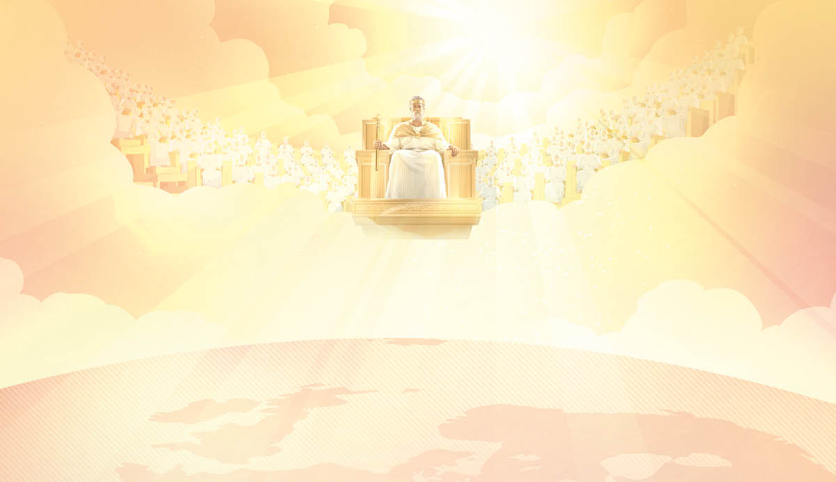 Jesucristo gobernando la Tierra sentado en su trono celestial. Detrás están sentados los que gobiernan con él. Y tras todos ellos brilla la gloria de Jehová.