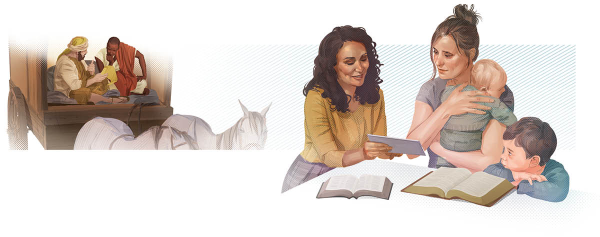Serie de imágenes: 1. Felipe el evangelizador le explica las Escrituras al etíope. 2. Una testigo de Jehová habla de la Biblia con una mujer y sus dos niños.