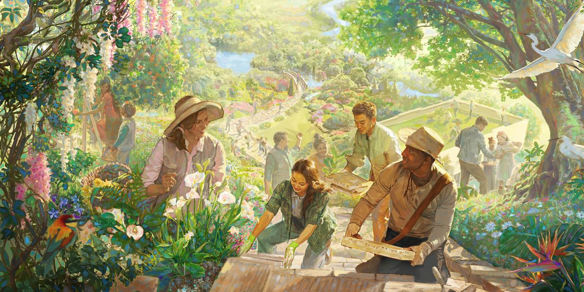 En una tierra paradisiaca, personas trabajando juntas y disfrutando.