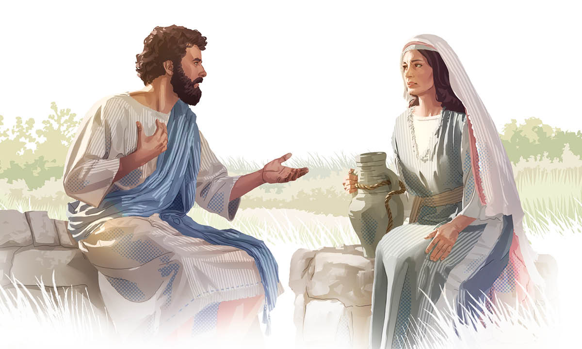 Jesús hablándole con respeto a una mujer junto a un pozo.