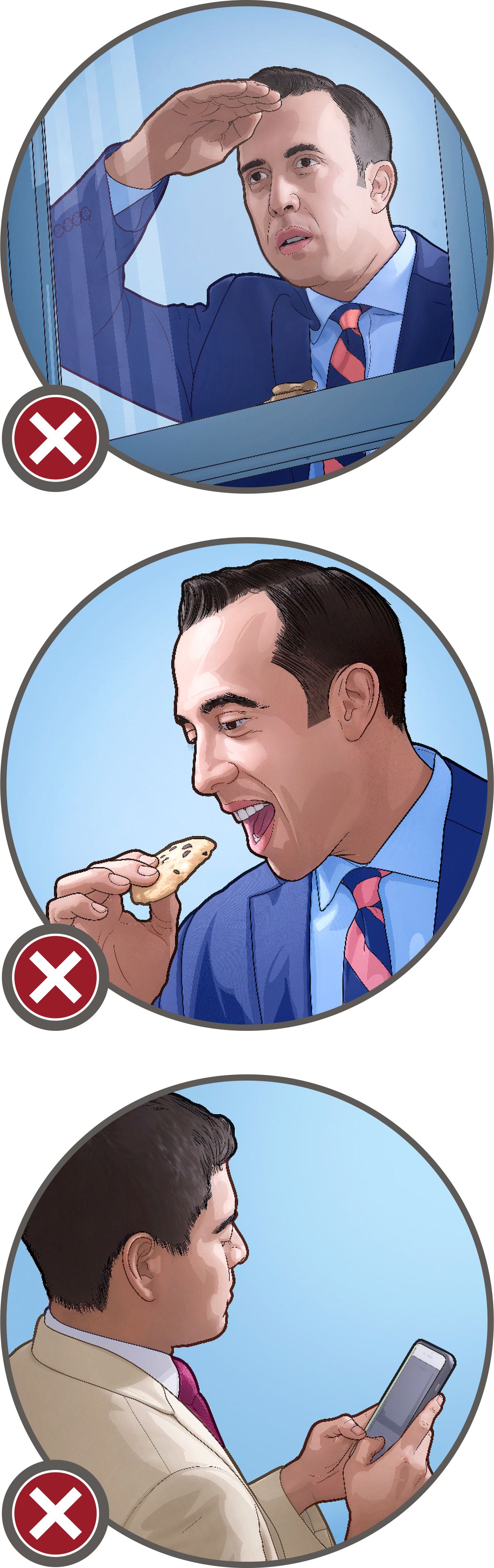 Predicando de casa en casa, un hermano mira por la ventana, otro come una galleta y otro manda mensajes de texto