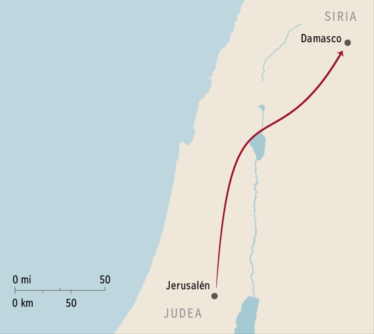 La ubicación de Damasco y Jerusalén en un mapa