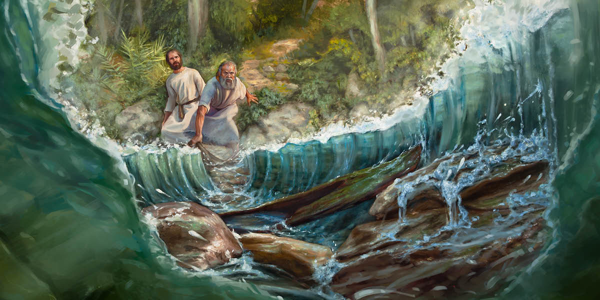 Elías divide las aguas del río Jordán con su prenda de vestir oficial y Eliseo lo observa.
