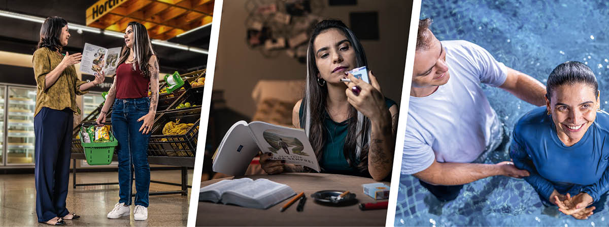 Serie de imágenes: 1. Una hermana le da el folleto “Disfrute de la vida” a una mujer joven en el supermercado. 2. La misma mujer joven se plantea dejar de fumar mientras lee el libro “Disfrute de la vida” en su casa. 3. Se bautiza.