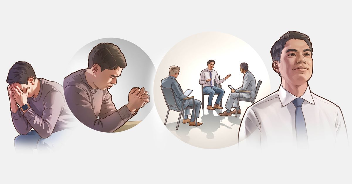 Serie de fotos: 1. Un hermano joven que se siente muy angustiado por sus errores se cubre la cara con las manos. 2. Le ora a Jehová. 3. Se reúne con dos ancianos. 4. El hermano sonríe con la cabeza alta porque tiene la conciencia limpia.