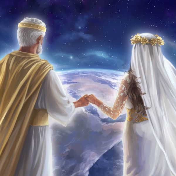 Jesús y su novia simbólica observan la Tierra desde el cielo tomados de la mano.