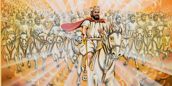 Jesús y su ejército celestial en caballos blancos