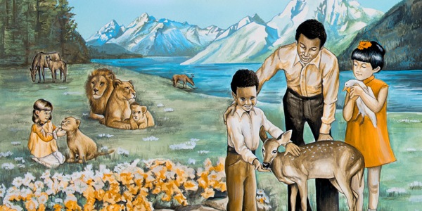 Gente con los animales en el Paraíso en la Tierra
