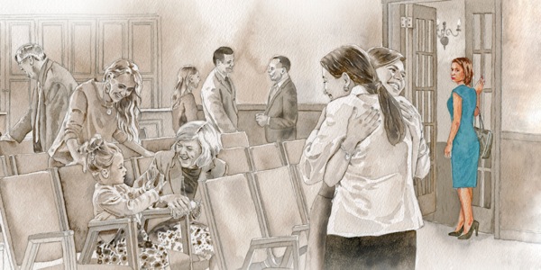 Una mujer expulsada observa a los miembros de la congregación conversando entre ellos