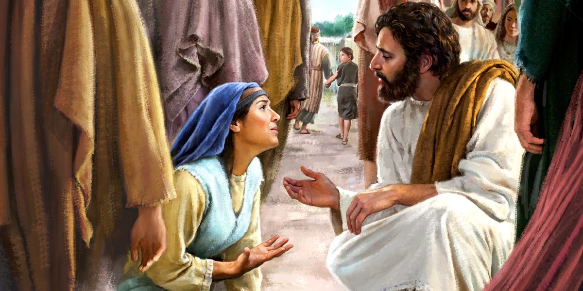 Una mujer cae ante Jesús y él se agacha para hablar con ella