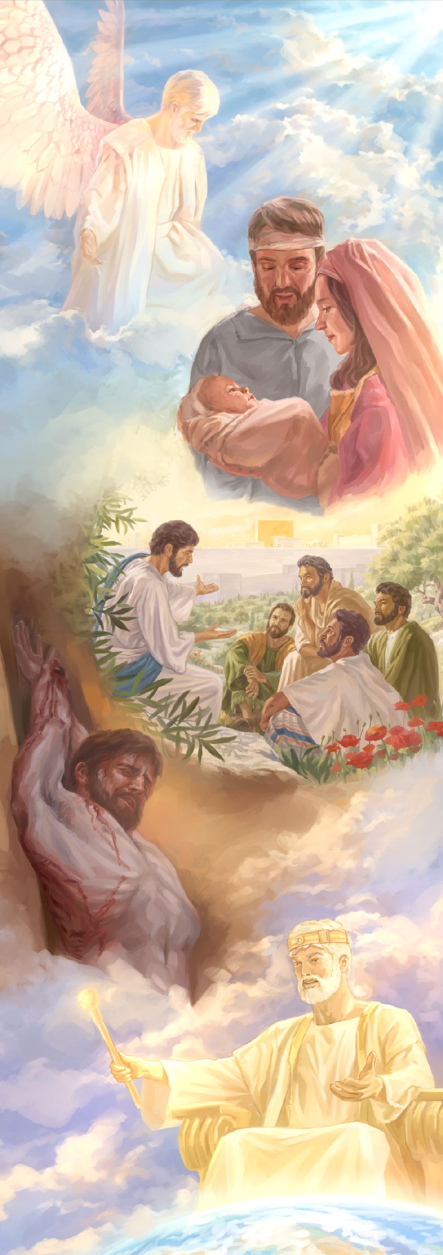 Jesús ayuda a crear las cosas, nace como humano, les enseña la verdad a sus discípulos, entrega su vida en sacrificio y es nombrado rey del Reino de Dios