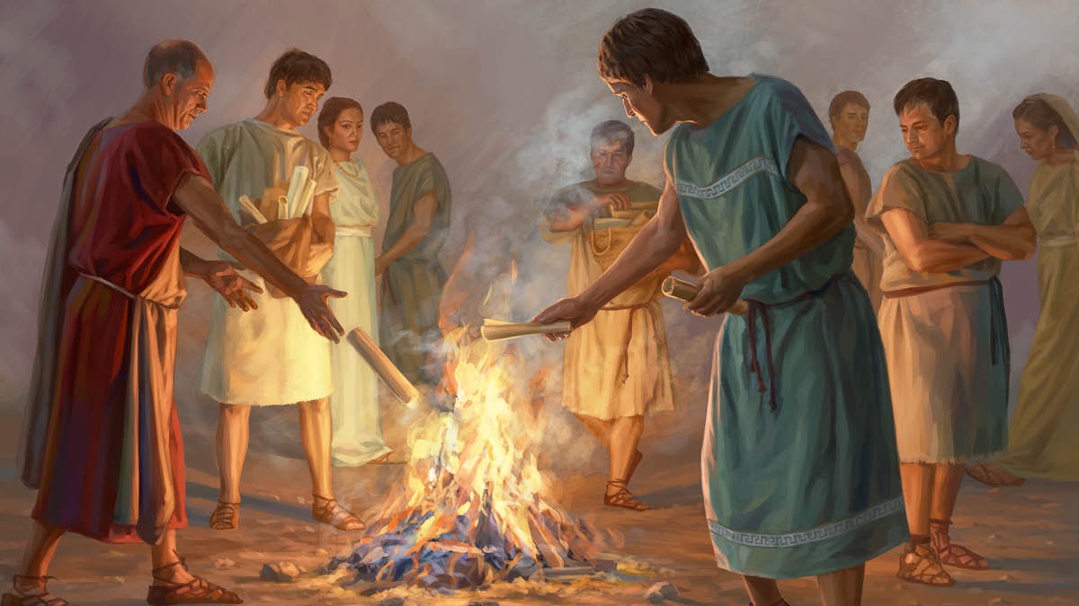 Cristianos del siglo primero juntan sus libros de artes mágicas y los queman