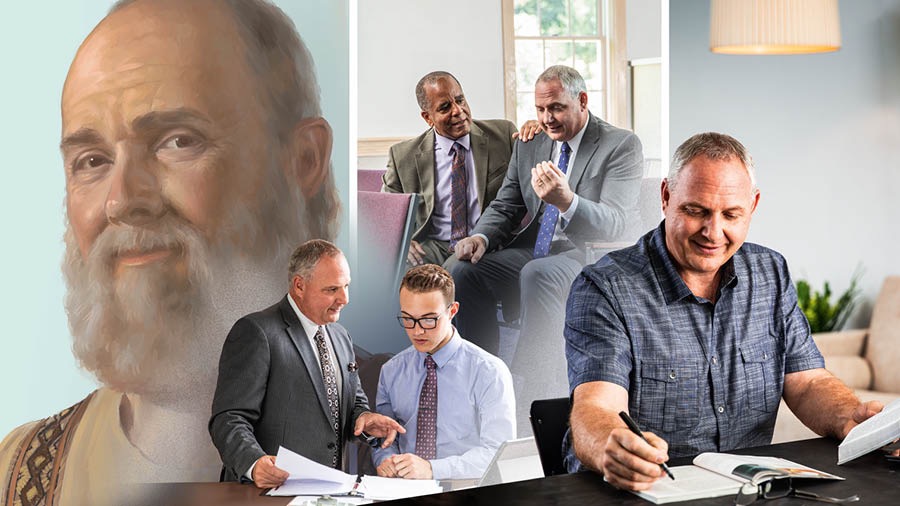 Serie de imágenes: 1. Pablo con una sonrisa y una expresión de paz en el rostro. 2. Un anciano capacitando a un hermano joven para que atienda más responsabilidades. 3. El mismo anciano recibe consuelo por medio de otro anciano. 4. El anciano estudiando feliz la Biblia con la ayuda de una publicación.