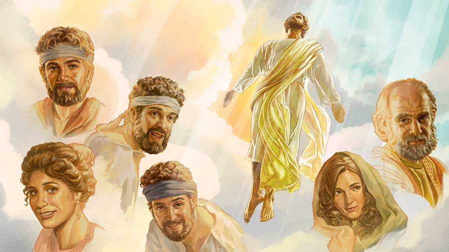 Jesús ascendiendo al cielo. Alrededor de esa imagen, algunos de los primeros cristianos.