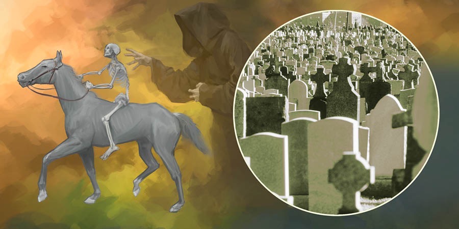 El jinete en el caballo pálido representa la muerte prematura. La Muerte va detrás juntando sus víctimas