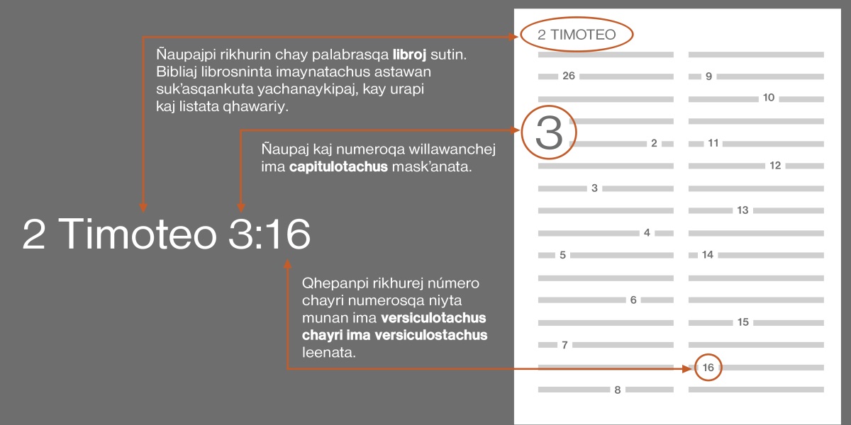 ¿Imaynatá Bibliaj ujnin versiculonta tarisunman? Chaypajqa 2 Timoteo 3:16 versiculowan yanapachikuna. Ñaupajpi rikhurin chay palabrasqa libroj sutin, kay libroj sutintaj iskay kaj Timoteo (Bibliaj librosninta imaynatachus astawan sukʼasqankuta yachanaykipaj, kay urapi kaj listata qhawariy). Ñaupaj kaj numeroqa willawanchej ima capitulotachus maskʼanata, kay textopitaj kinsa capitulota maskʼana kashan. Qhepanpi rikhurej número chayri numerosqa niyta munan ima versiculotachus chayri ima versiculostachus leenata, kay textopeqa 16 versiculota leenata nishan.