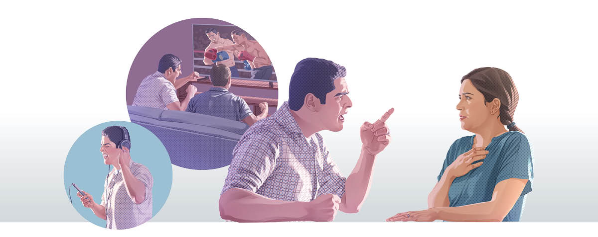 Uj runa imatachus ruwasqanmanta, warminta millay palabraswan qhapariykushasqanmanta dibujos: 1) Millay takiykunata uyarishan. 2) Telepi iskay runas boxeopi maqanakushasqankuta qhawashan.