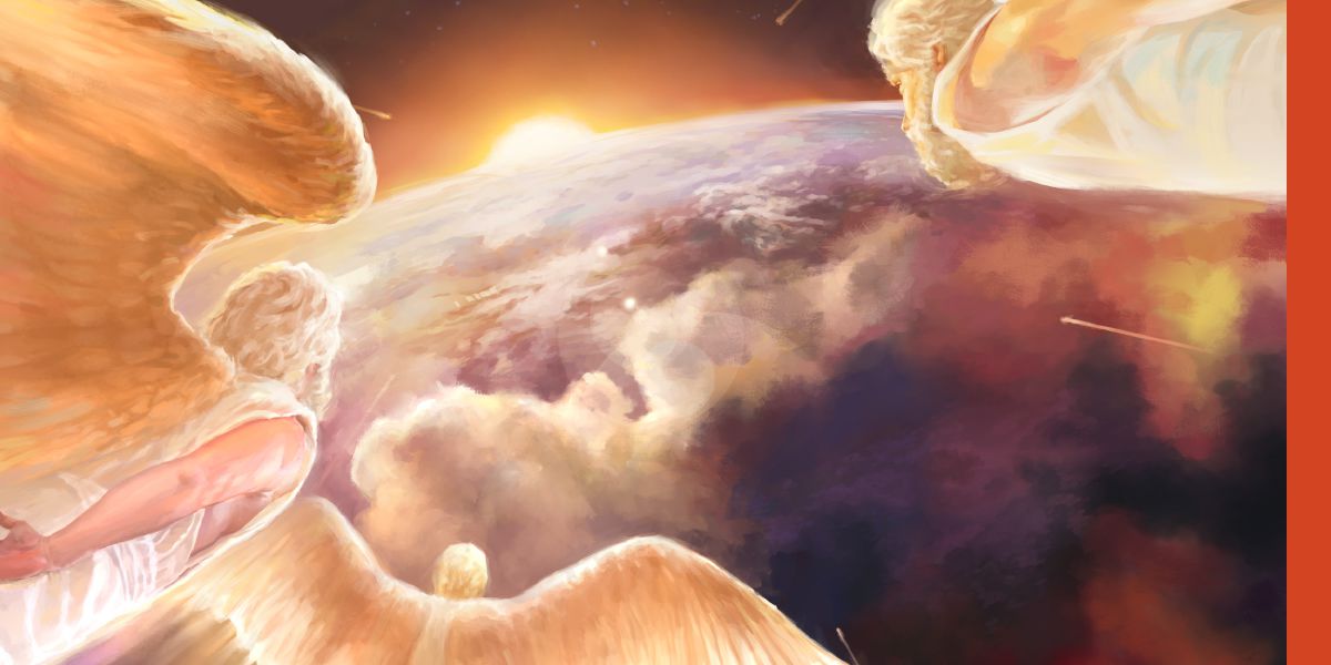 Ángeles volando hacia la Tierra.