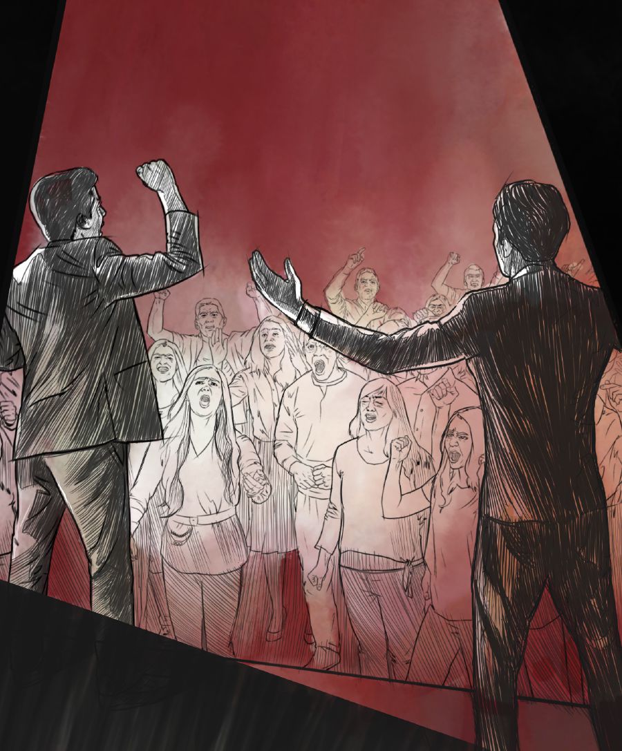 Dos rebeldes incitando a las multitudes a protestar.