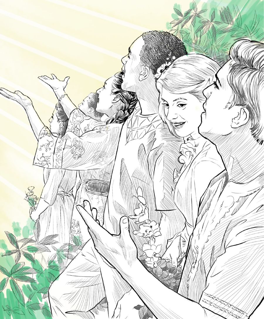 En el Paraíso, seres humanos perfectos alabando a Jehová.