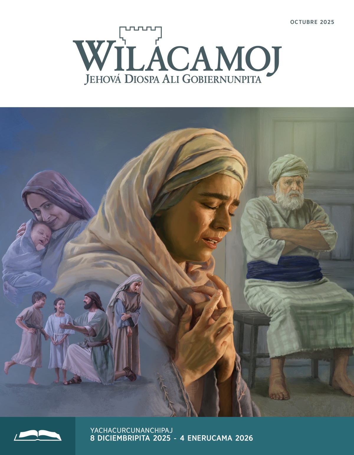 Dibujucuna: 1. Elcaná ishcay wamranwan puclaycaptin, Anaga pasaypa laquicur ricaytapis munannachu. 2. Peniná cushish chaylaraj yurishgan wawanta margaycan. 3. Ana icsuypa icsuypa wagar Jehovata mañacuycan. 4. Mandaj sacerdote Elí maquin cruzash Anata ricaraycan.