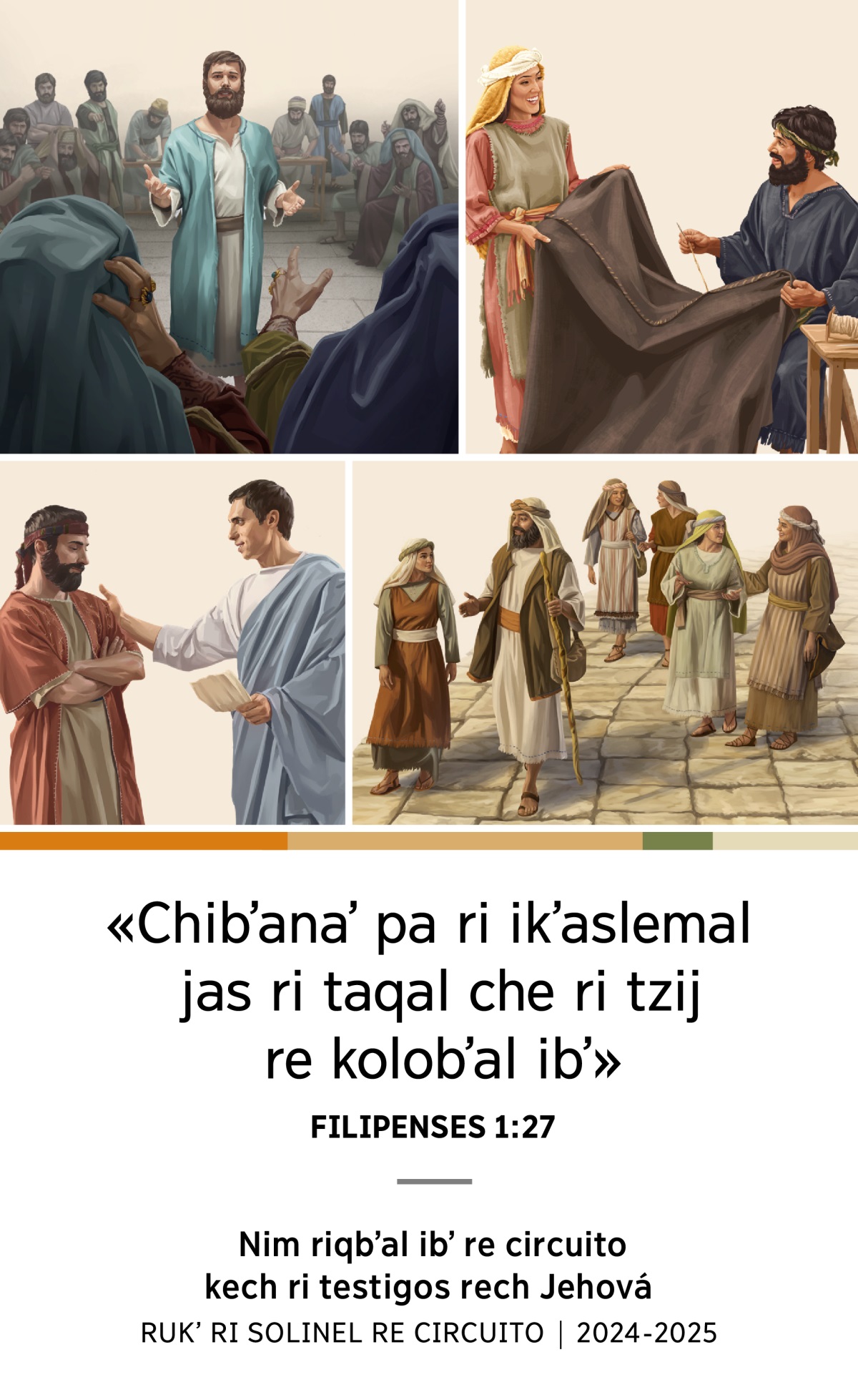 E wachbʼal: 1. Ri Esteban xutoʼ uwiʼ ri ukojonik chuwach ri Sanedrín. 2. Ri Áquila y ri Priscila tajin kkibʼan jun ja re atzʼyaq. 3. Ri Felipe, ri rixoqil y ri e kajibʼ umiʼal e bʼenaq pa ri bʼe. 4. Ri Tito tajin ktzijon rukʼ jun kʼamal bʼe.