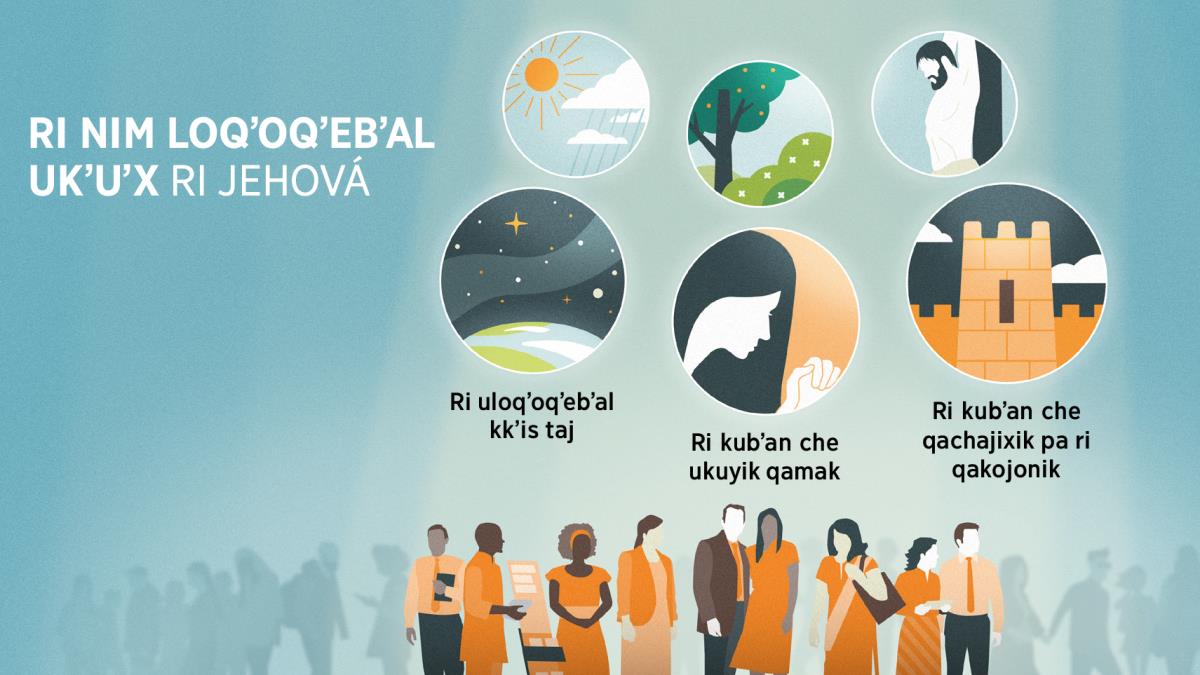 Qas keqʼalajin ri upatanelabʼ ri Jehová chkixoʼl ri winaq. Ucholajil ri wachbʼal: Ri kubʼan ri Jehová che ukʼutik ri nim loqʼoqʼebʼal ukʼuʼx. 1. Ri uloqʼoqʼebʼal che kkʼis ta uwach y jun wachbʼal re ri uwach Ulew, y ri kaj nojinaq che chʼumil. 2. Ri kubʼan che ukuyik qamak y jun wachbʼal re jun qachalal ixoq tajin kutaʼ kuybʼal umak. 3. Ri kubʼan che qachajixik pa ri qakojonik y jun wachbʼal re jun tinamit che sutim rij. Pa ri wachbʼal kʼa jelaʼ, kilitaj ri uloqʼoqʼebʼal ri Jehová chke konojel ri winaq. 4. Ri jabʼ y ri saqil kuya ri qʼij. 5. Ri kotzʼiʼj, ri qʼayes y ri e cheʼ. 6. Ri tojbʼal mak xuya ri Jesús.