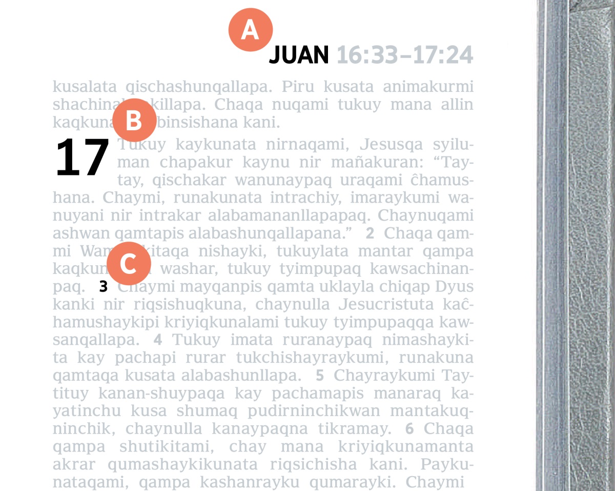 Foto Bibliapi textota maskayta yaĉakunaykipaq A, B y C nishanta rikar.