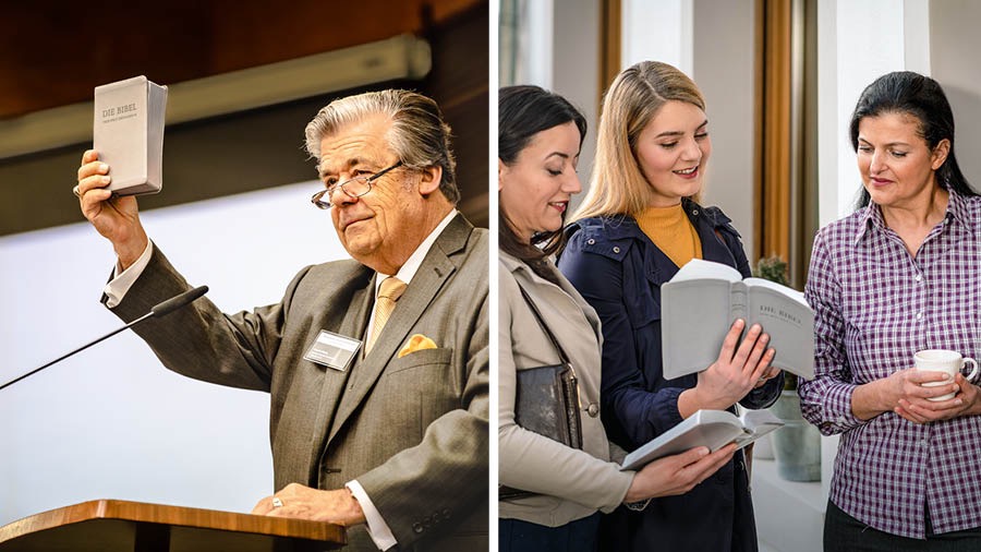 Umalliq t’aqamanta Gerrit Lösch hermanonchismi alemán simipi Traducción del Nuevo Mundo nisqa Bibliata presentashan, iskay hermanakunataq chay Bibliawan Diosmanta willashanku