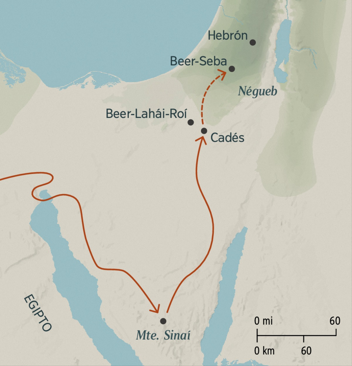 Egiptomanta Cadés llaqtakama israelitakunaq purisqanku mapa, paykunaqa Sinaí orqontan pasarqanku. Chay mapapin rikukullanta Cadés llaqtamanta Beer-Sebaman, Hebronman purisqanku, chayqa kasharqan prometesqa jallp’apin.