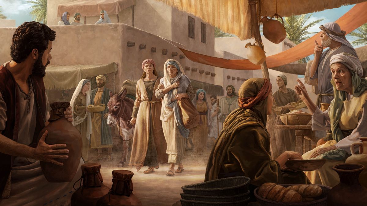 Rutwan Noemiwan Belén llaqtaman chayashanku. Rut asnota aysashan jujnin makinwantaq Noemita jap’ishan. Iskayninkun purishanku runakunataq admirasqa qhawashanku.