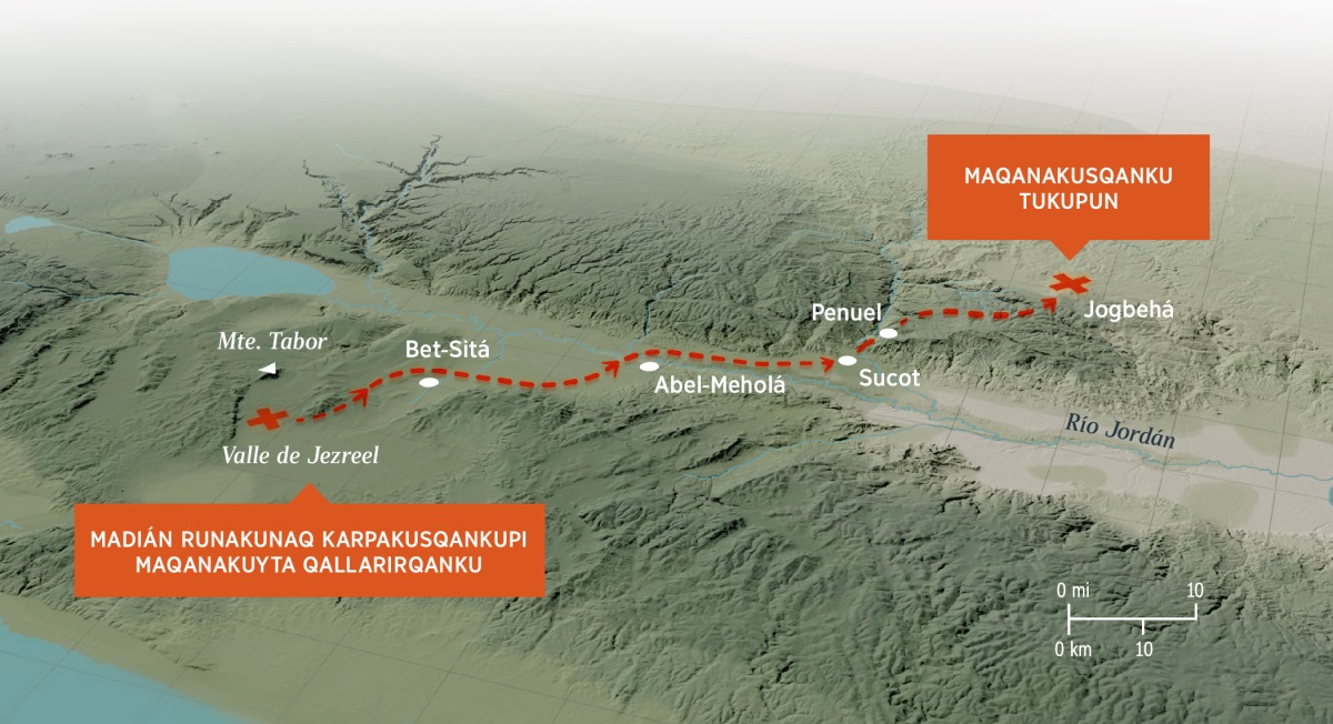 Juj Mapapi rikukushan Gedeón runankunapiwan maynintachus Madián runakunata qatiparqanku chayta, chayqa karqan Jezreel wayq’omanta Jogbehá nisqakaman.