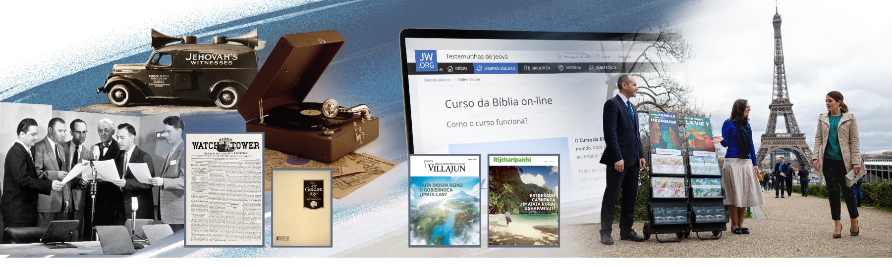 Shuj shuj fotocuna: Punda tiempopi, cunan punllapi imacunahuanlla ali villaigucunata villachingapaj cosascuna. 1. Shuj radiopi programa. 2. Shuj carro parlantecunahuan. 3. Shuj gramófono. 4. “Zion’s Watch Tower”, “Golden Age” revistacuna. 5. “La Atalaya” y “¡Despertad!” revistacuna. 6. Internet jw.org página. 7. Shuj cusahuarmimi predicación publicapi calleta yalij gentecunaman villachijujta ricuchin.