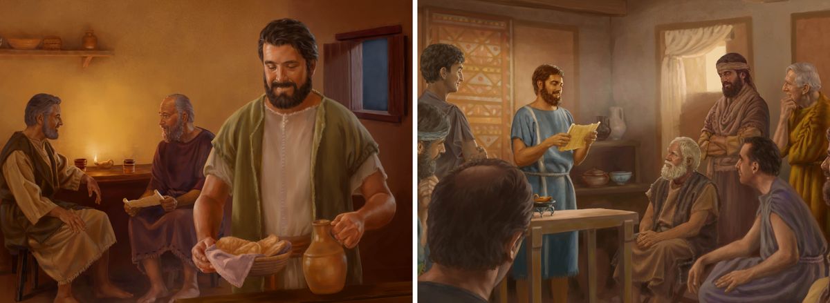 Huaquin dibujocuna: 1. Marcosmi Pablo y Bernabé imagutapash micuchun, ufiachun micunaguta apajun. 2. Timoteomi anciano huauquicunaman shuj cartata liijun.